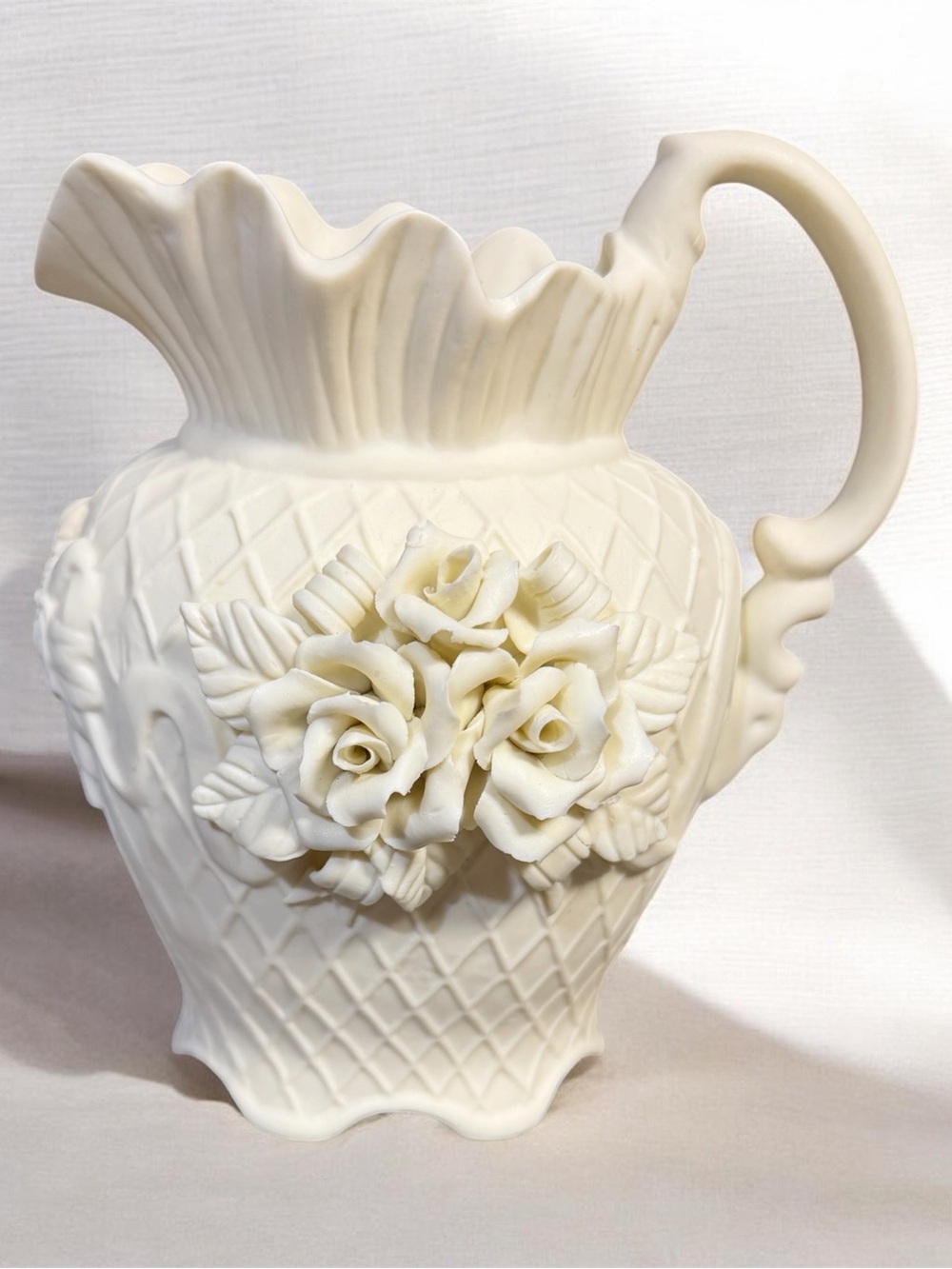 1970 Vintage Porcelain Pitcher Vase Rose Lattice Ruffle Rim